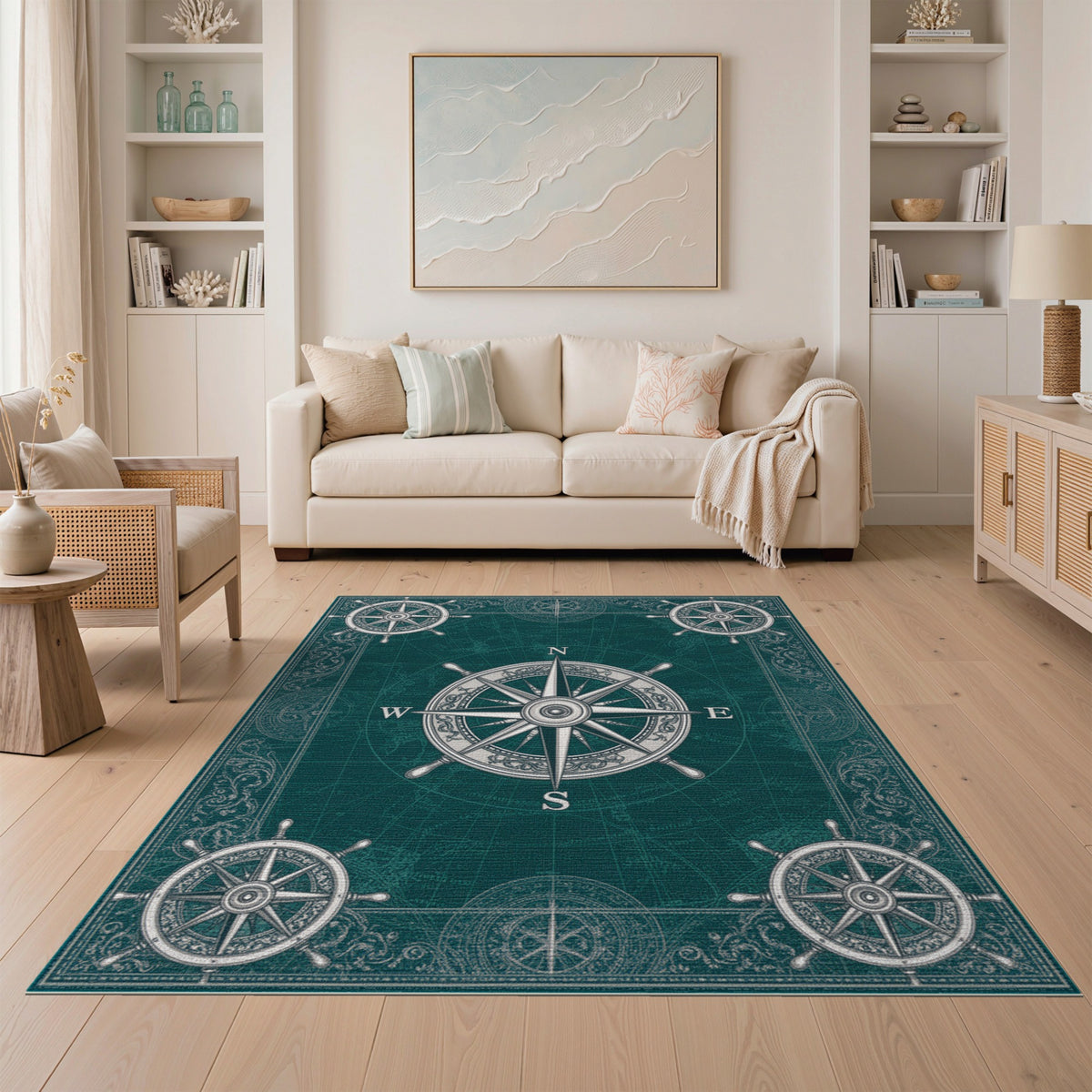 Vintage Nautical Compass Teal Area Rug