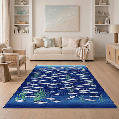 Blue Ocean Fish School Washable Area Rug
