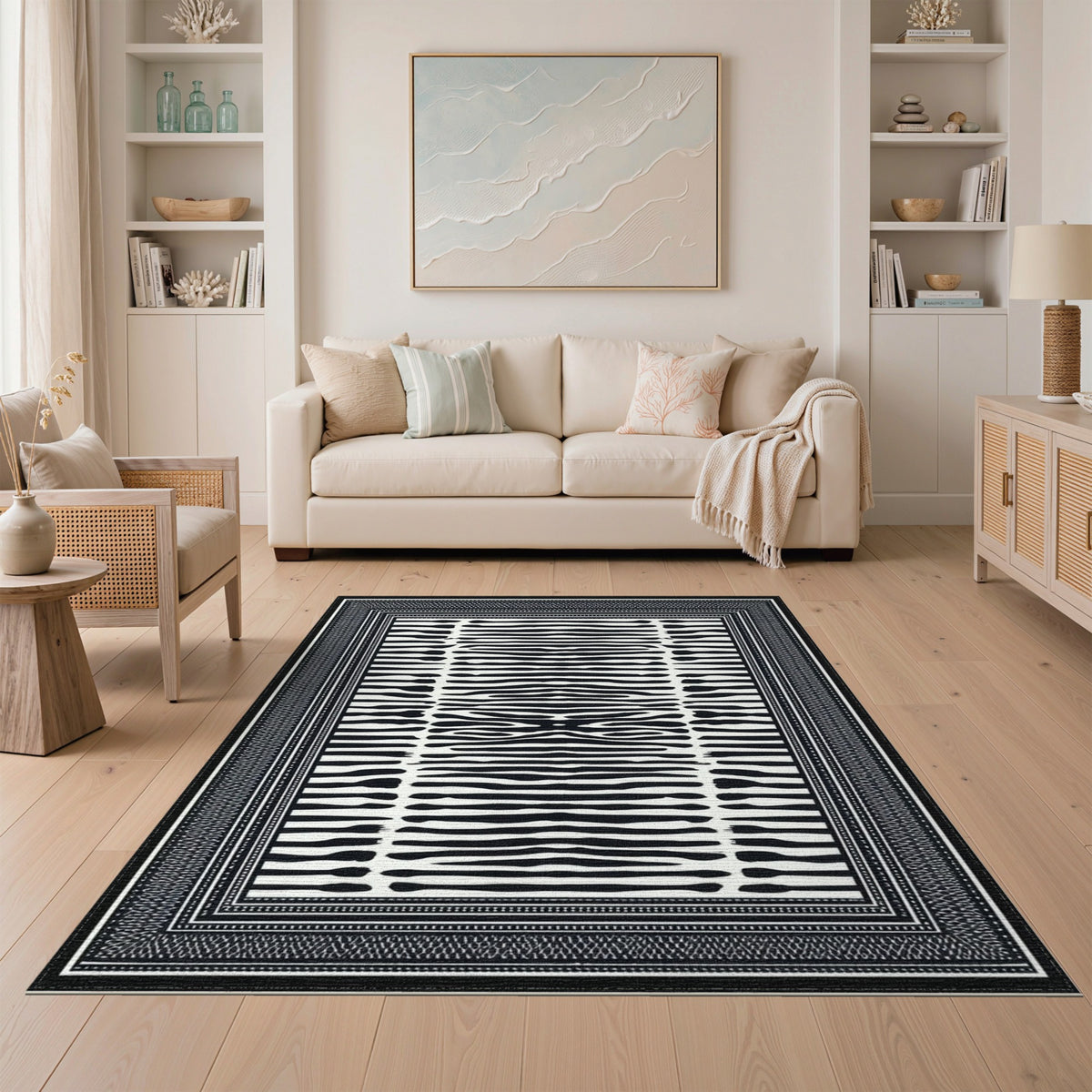 Black White Abstract Stripe Area Rug