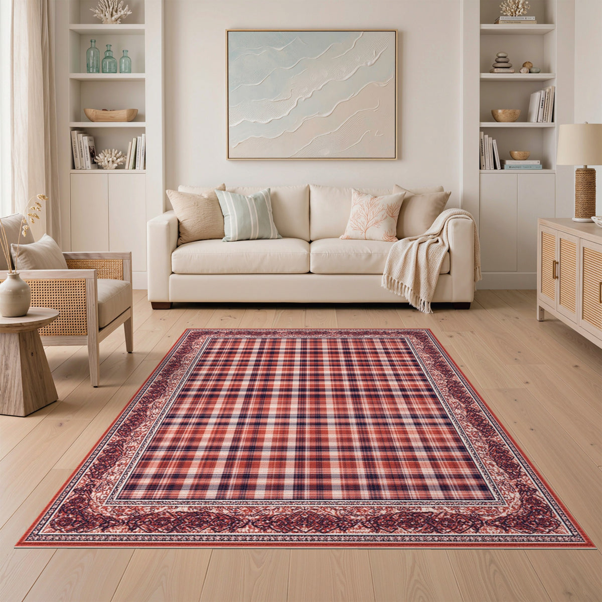Red Plaid Vintage Border Area Rug