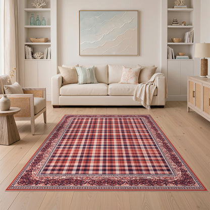 Red Plaid Vintage Border Area Rug
