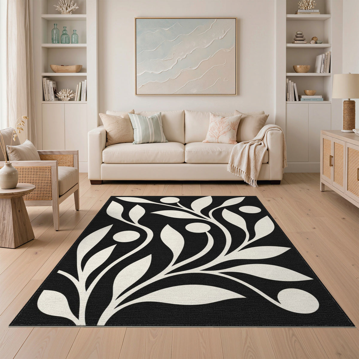 Black and White Abstract Area Black White Abstract Leaf Area Rug