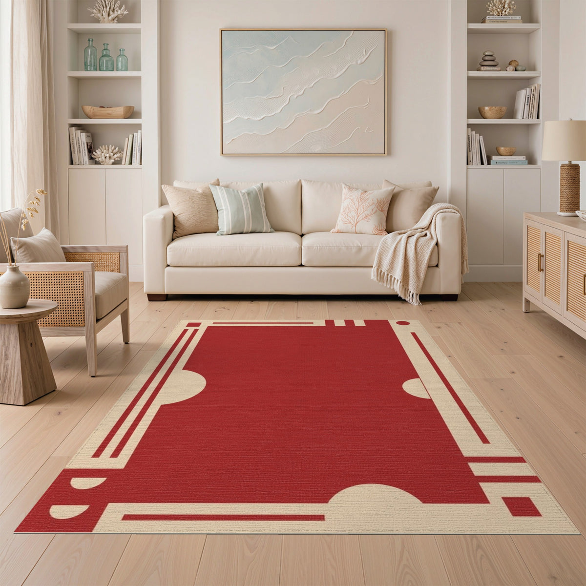 Red Geometric Area Rug with Cream Borders