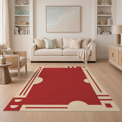 Red Geometric Area Rug with Cream Borders