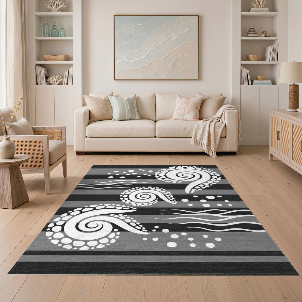 Black White Spiral Wave Area Rug