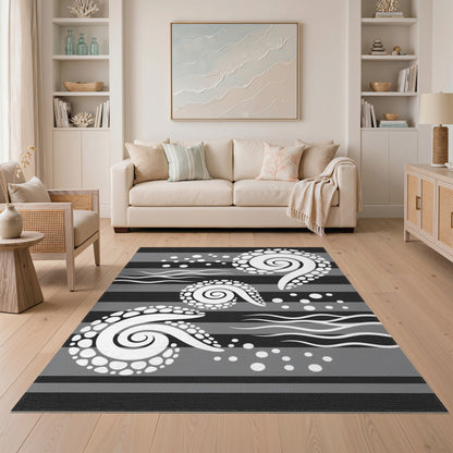 Black White Spiral Wave Area Rug