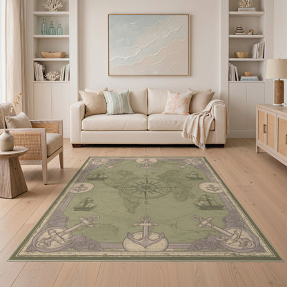 Distressed Nautical World Map Area Rug