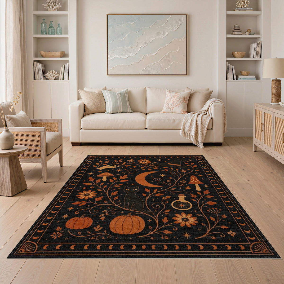 Orange Mystical Black Cat Moon Area Rug