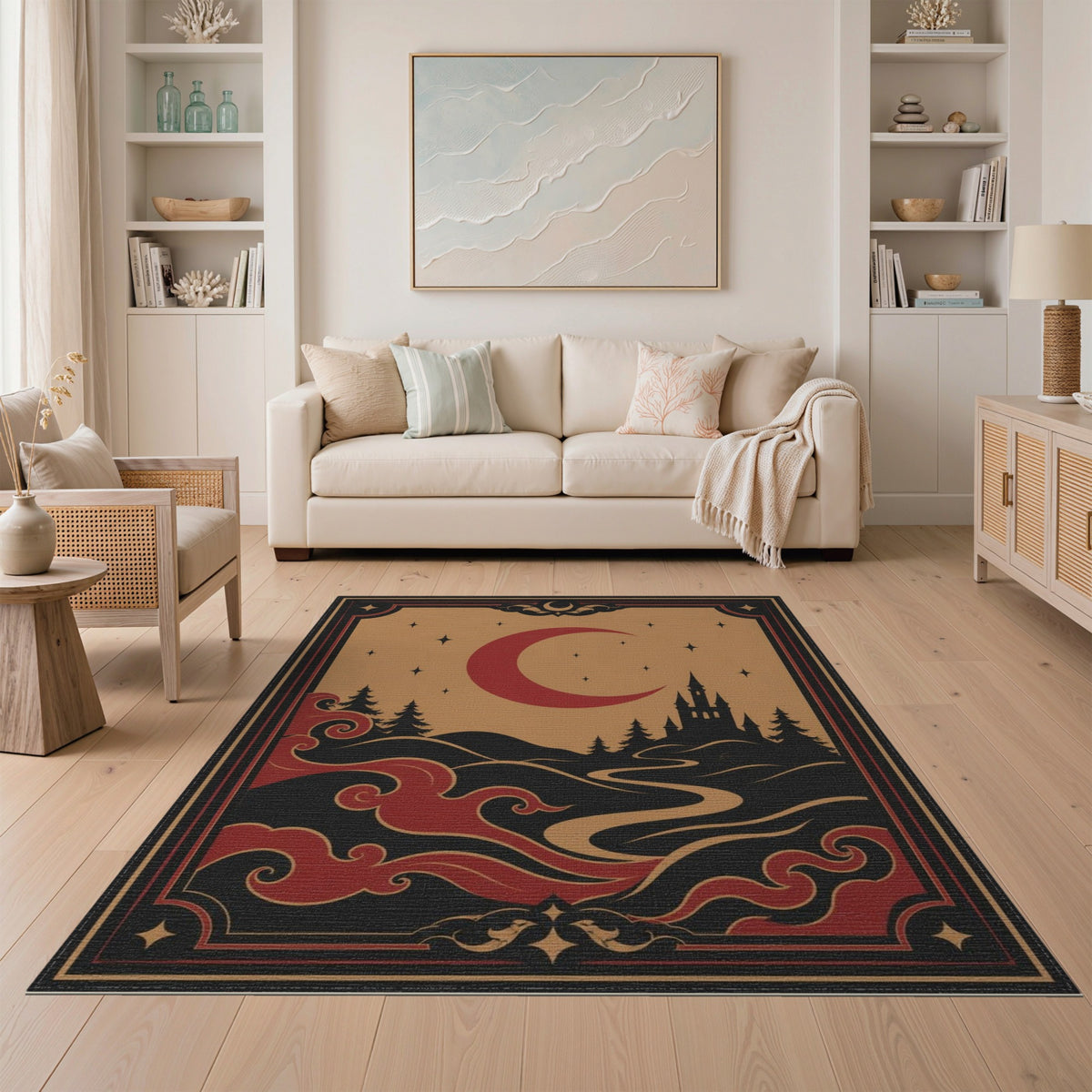 Red Crescent Moon Castle Area Rug