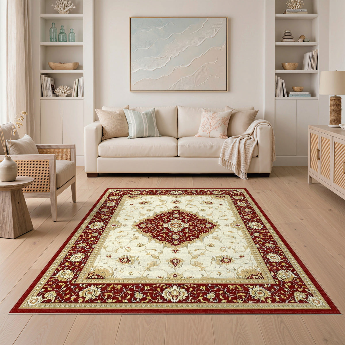 Red Persian Floral Area Rug with Ivory Center