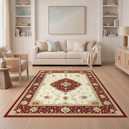 Red Persian Floral Area Rug with Ivory Center
