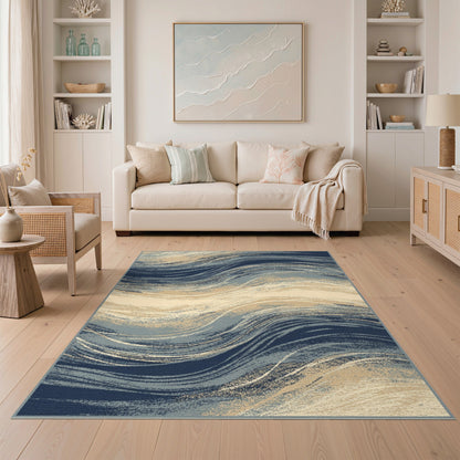 Blue Teal Abstract Wave Area Rug