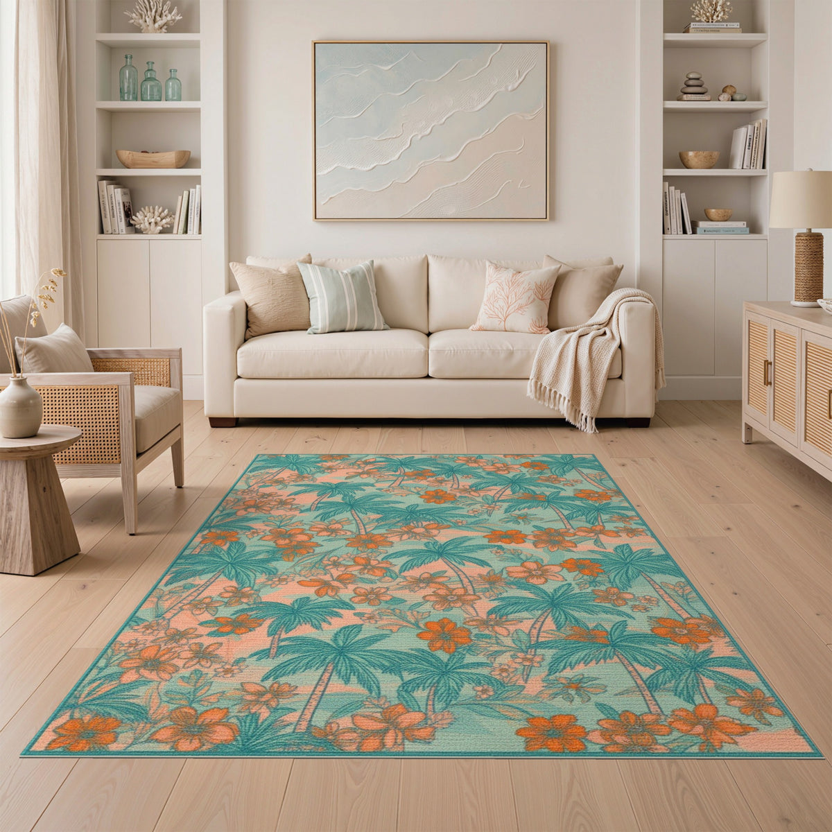 Coastal Palm Tree Teal Area Rug