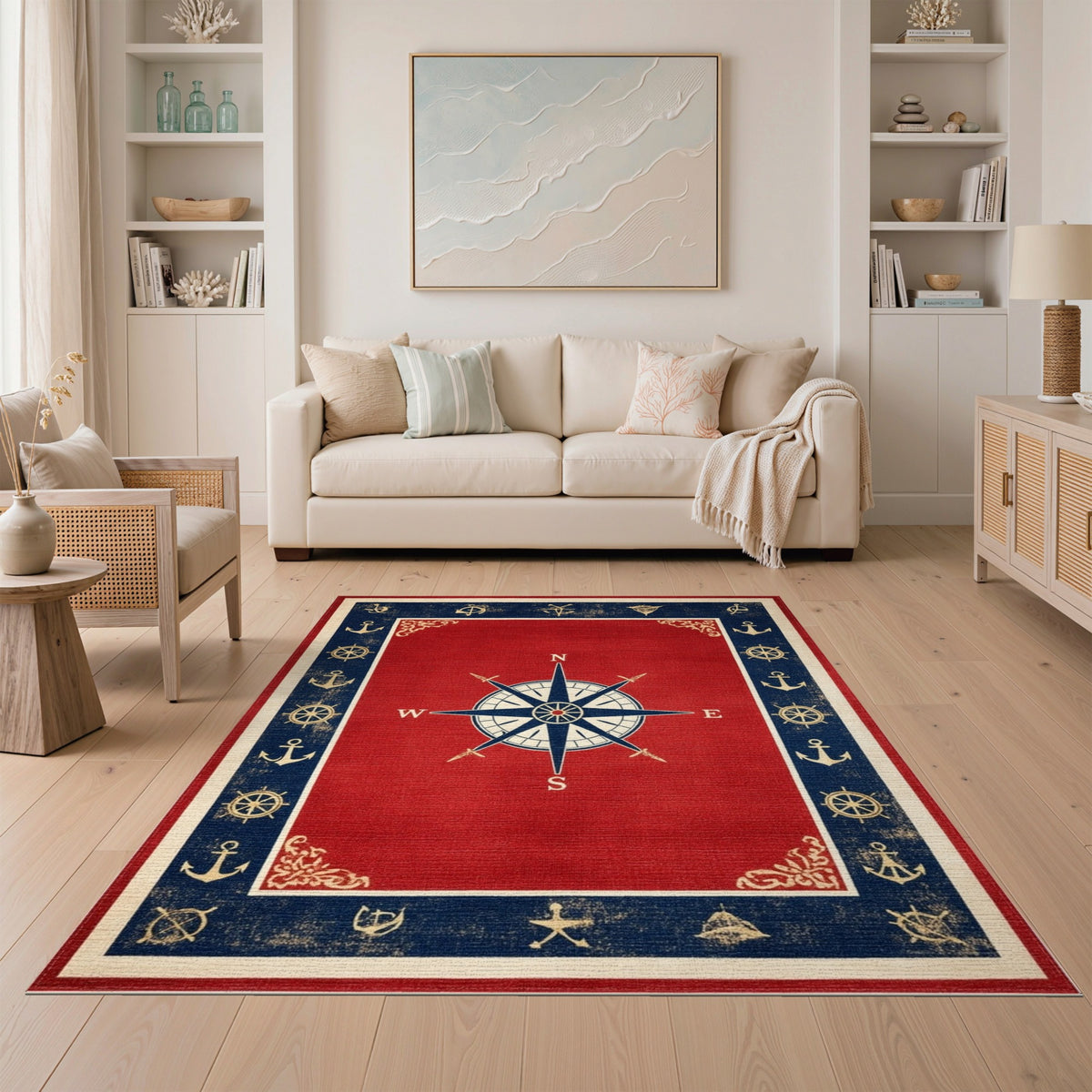 Red Nautical Compass Area Rug with Anchors