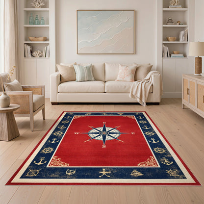 Red Nautical Compass Area Rug with Anchors