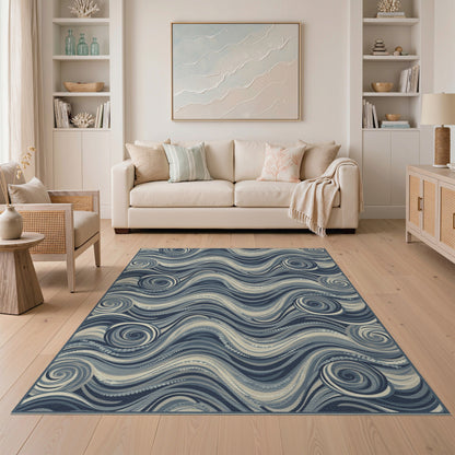 Abstract Area Blue and Teal Blue Swirl Wave Area Rug