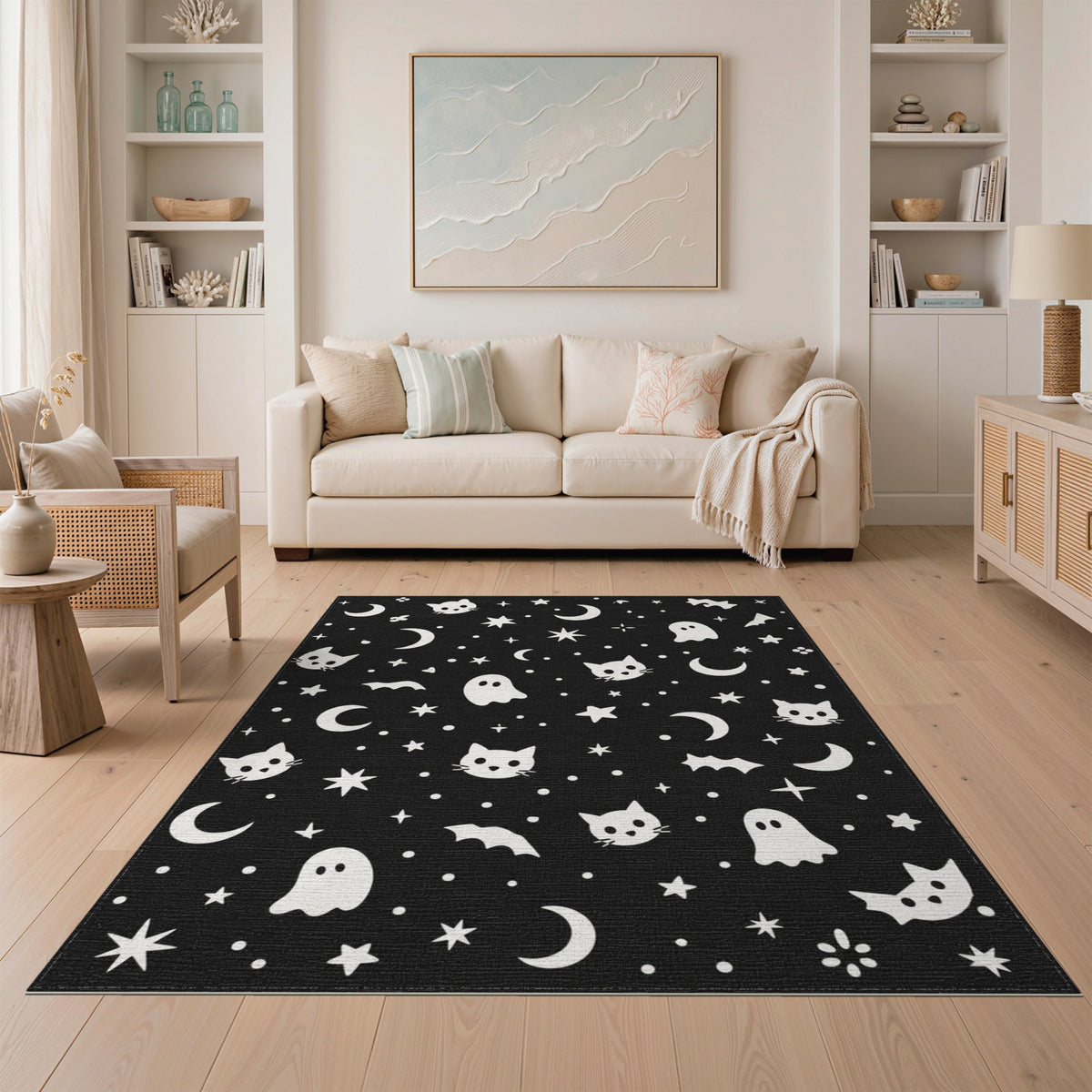 Black Cat Ghost Halloween Washable Area Rug