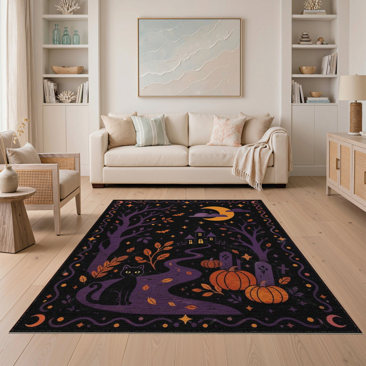 Midnight Cat Pumpkin Halloween Washable Area Rug