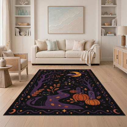 Midnight Cat Pumpkin Halloween Washable Area Rug