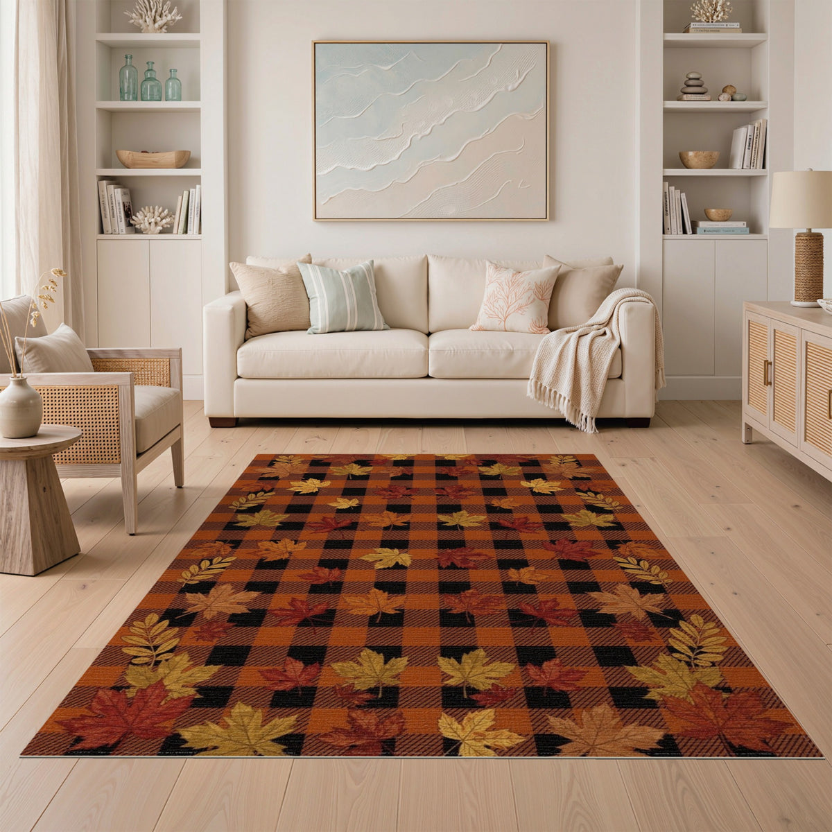 Fall Leaves Buffalo Check Area Rug
