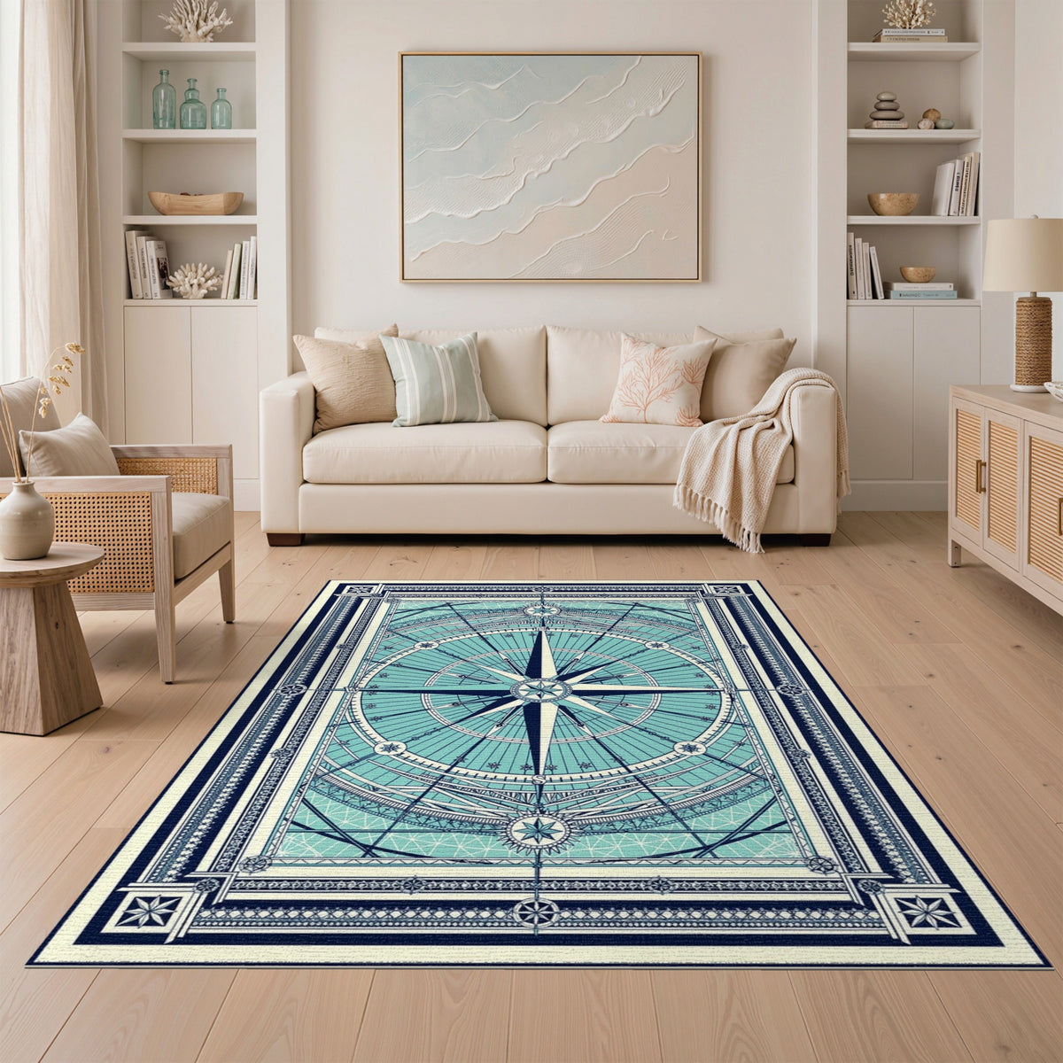 Blue and Teal Compass Geometric Area Rug