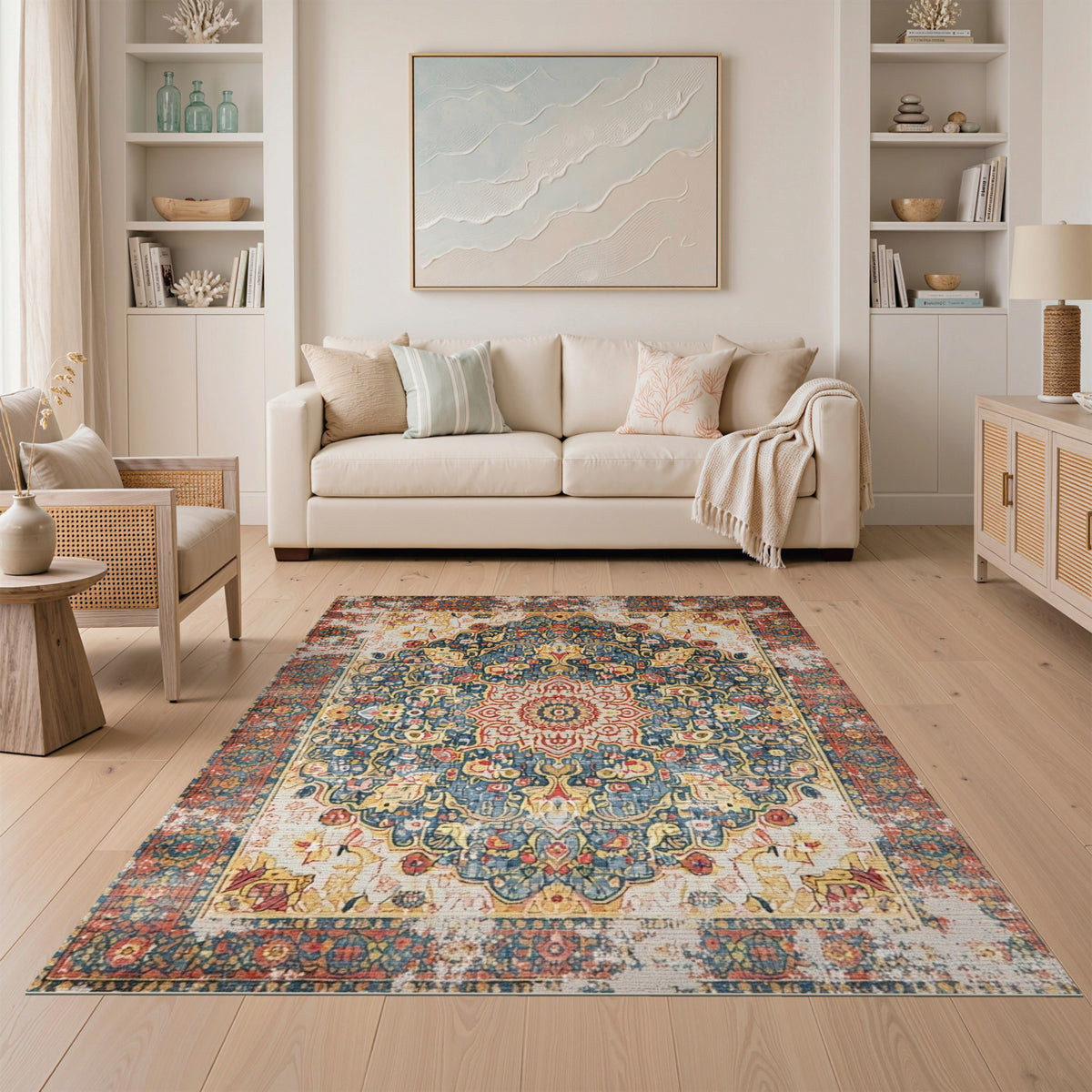 Blue and Teal Distressed Blue Medallion Vintage Area Rug