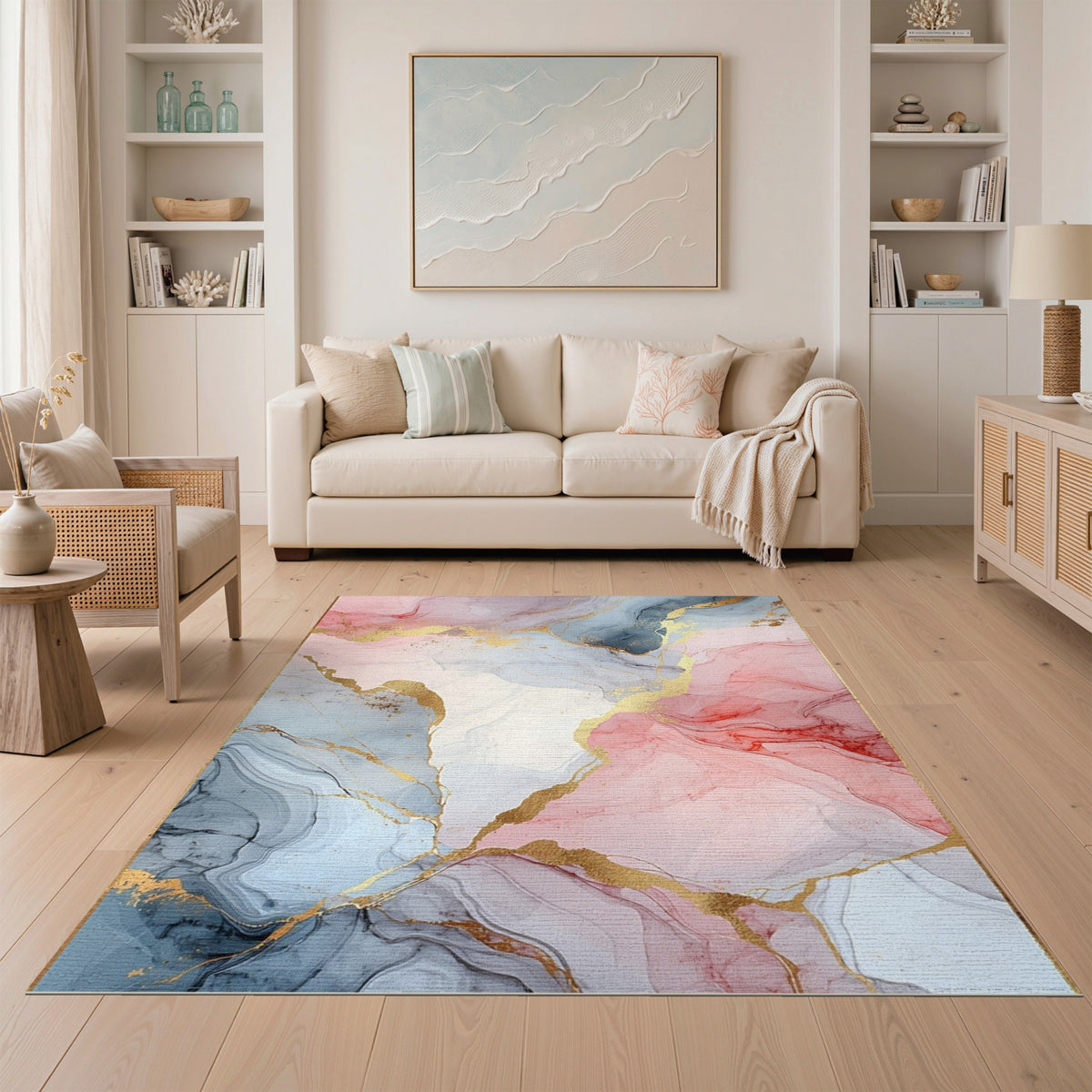 Pink Blue Marble Gold Abstract Area Rug
