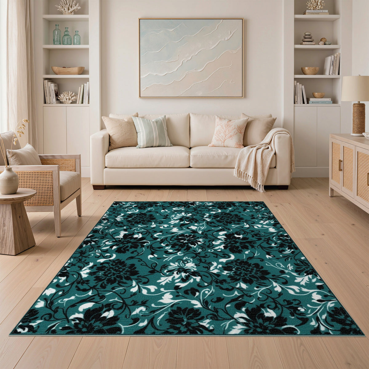 Teal Black Floral Vintage Area Rug
