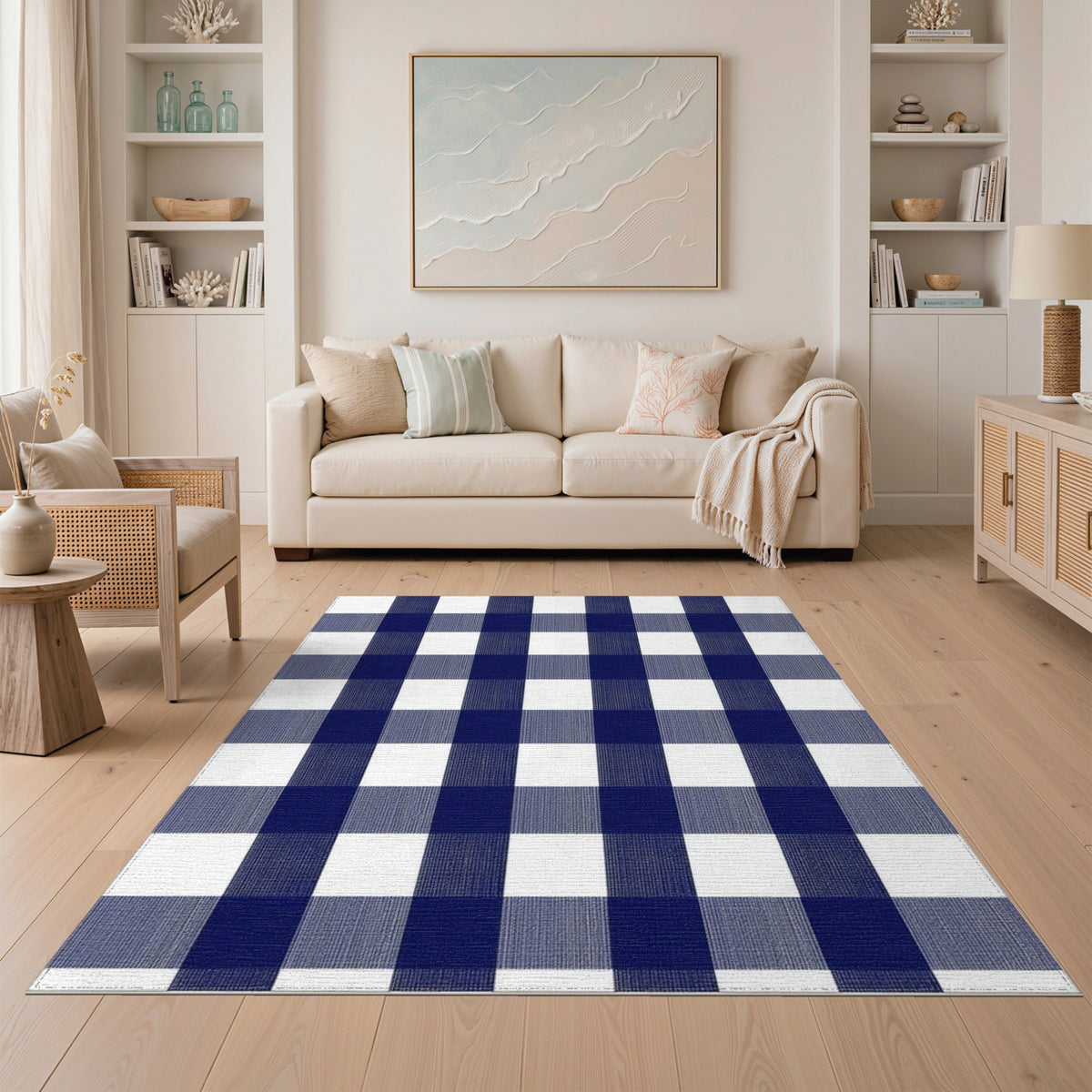 Washable Geometric Modern Navy Blue Checkered Washable Area Rug