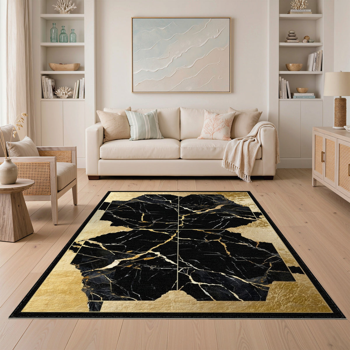 Gold and Silver Luxury Black Gold Marble Abstract Area Rug