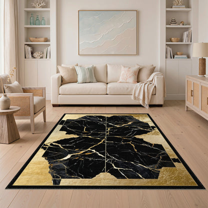 Gold and Silver Luxury Black Gold Marble Abstract Area Rug