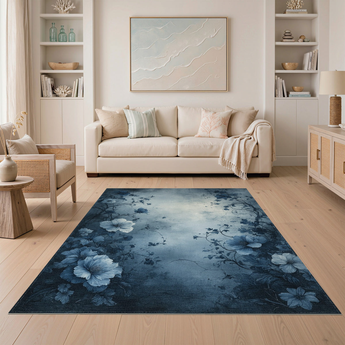 Blue Floral Distressed Vintage Area Rug