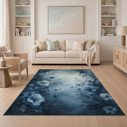 Blue Floral Distressed Vintage Area Rug