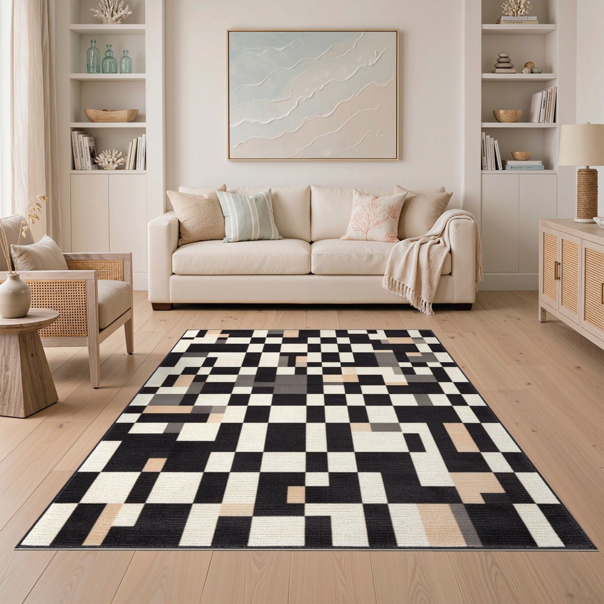 Black and White Black White Geometric Pixel Area Rug