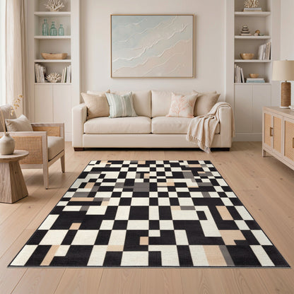 Black and White Black White Geometric Pixel Area Rug