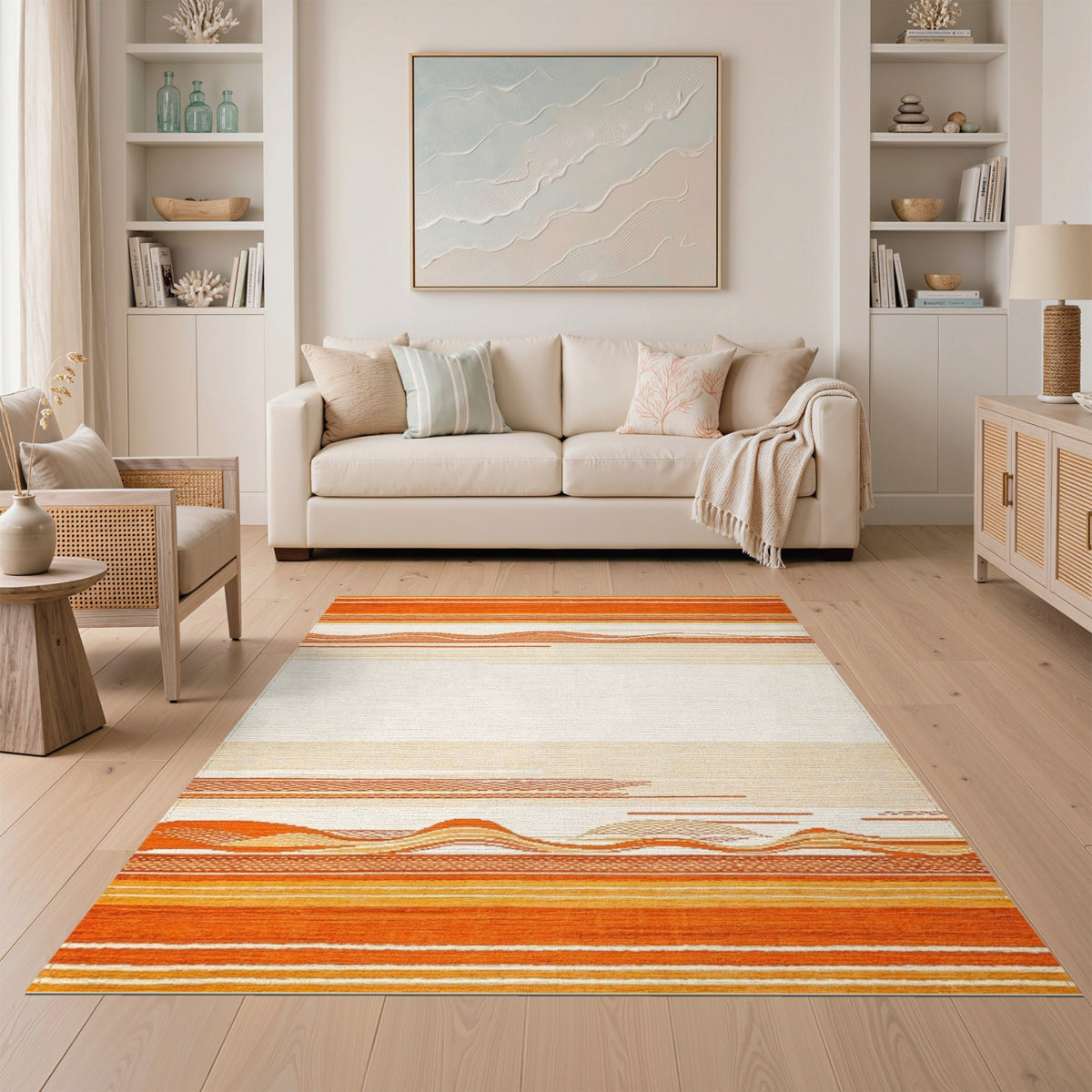 Orange Geometric Wave Striped Area Rug