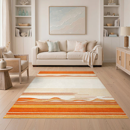 Orange Geometric Wave Striped Area Rug