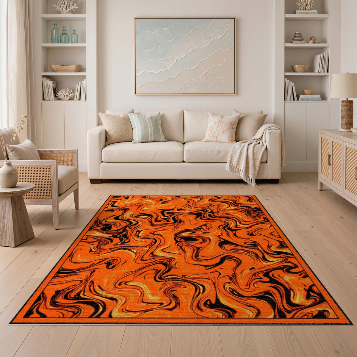 Abstract Area Orange Black Marble Swirl Area Rug
