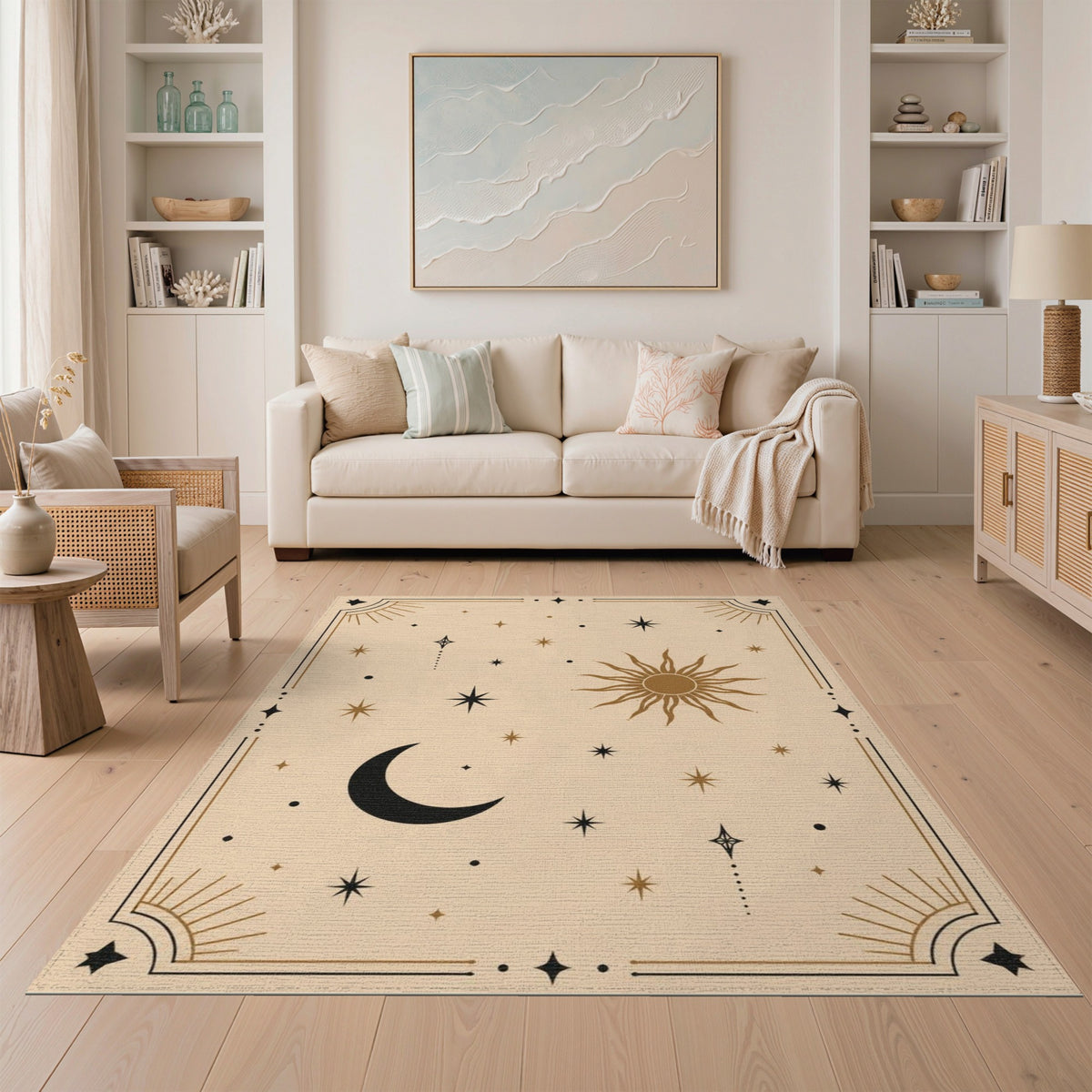 Boho Celestial Sun Moon Stars Area Rug