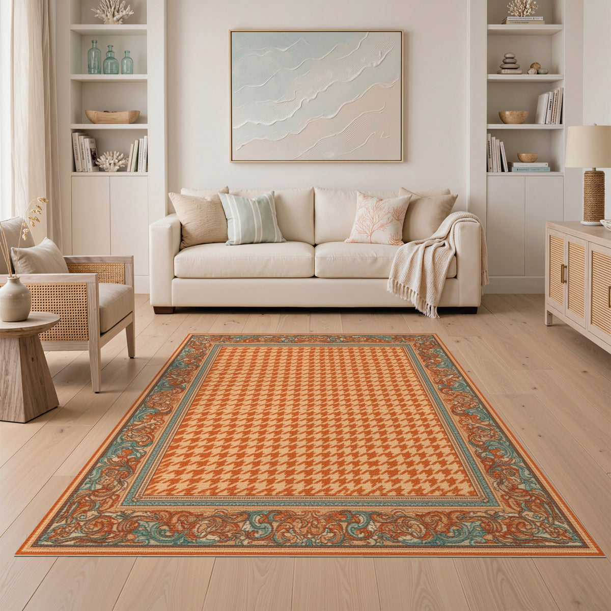 Orange Houndstooth Bordered Area Rug