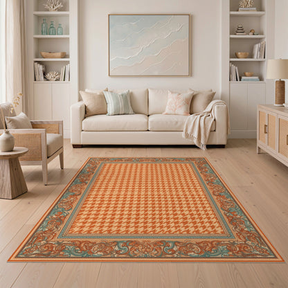 Orange Houndstooth Bordered Area Rug