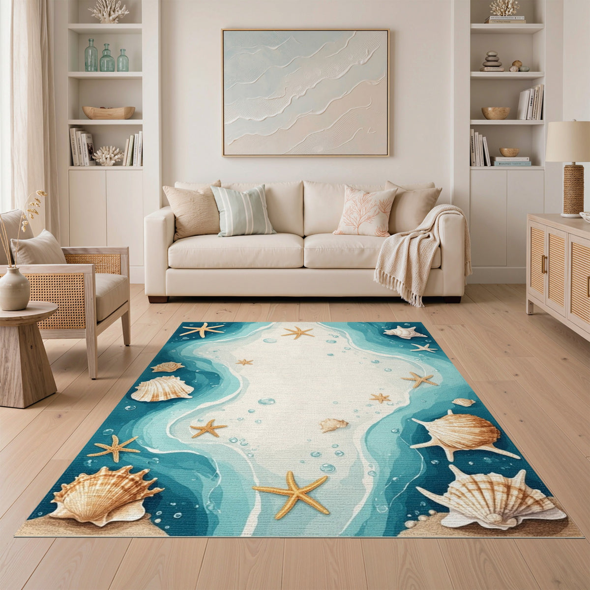 Blue Teal Coastal Seashell Starfish Area Rug