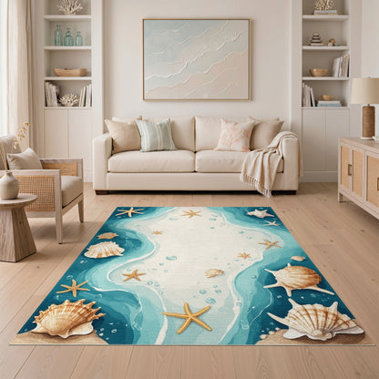 Blue Teal Coastal Seashell Starfish Area Rug