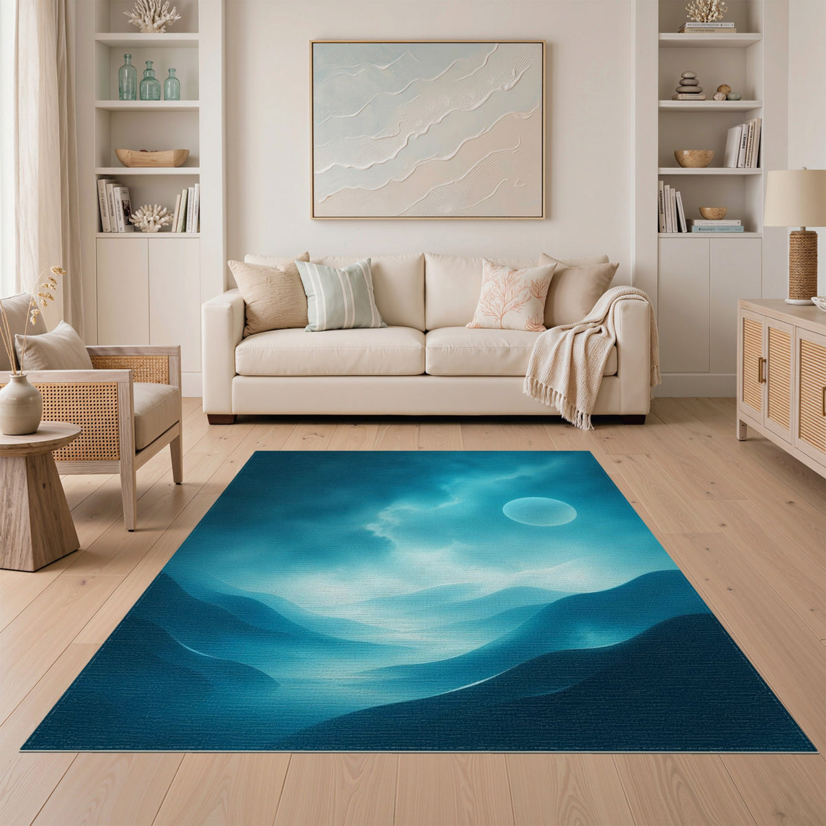 Moonlit Blue Teal Abstract Dunes Area Rug
