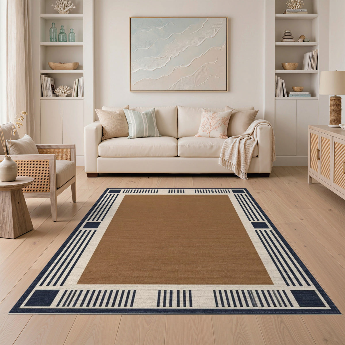 Geometric Brown Navy Border Area Rug