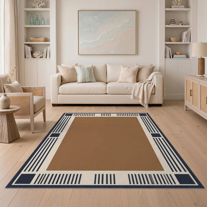Geometric Brown Navy Border Area Rug