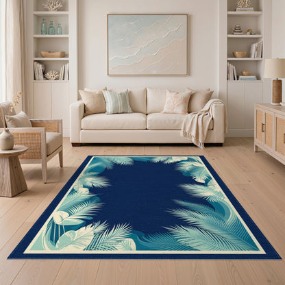 Blue Teal Palm Leaf Coastal Area Rug