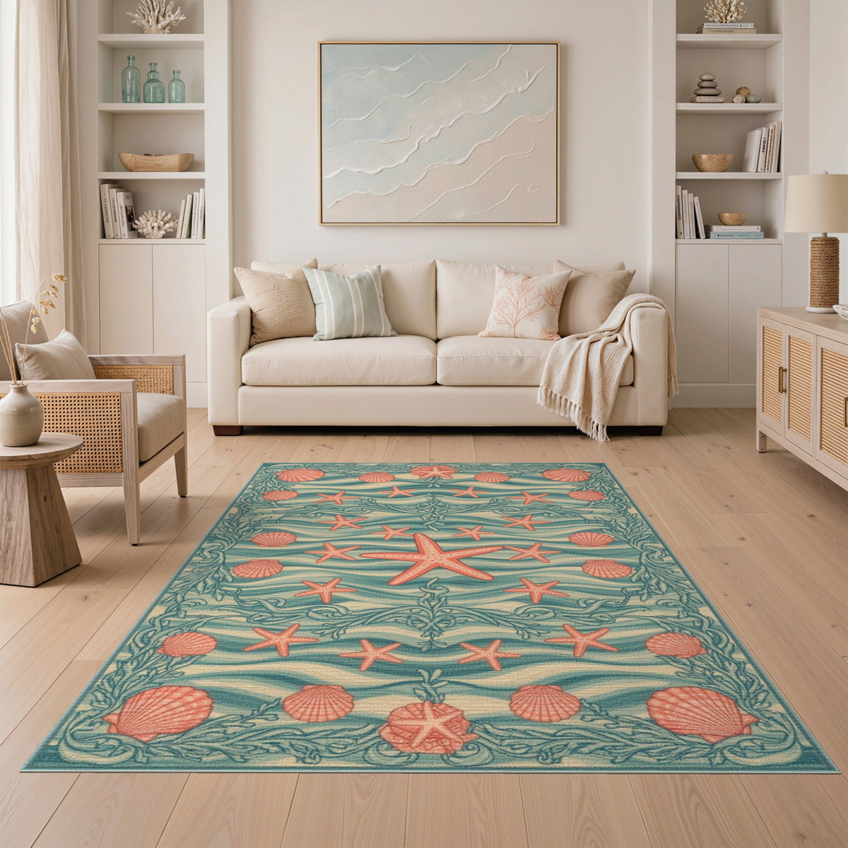 Teal Coastal Starfish and Seashell Area Rug