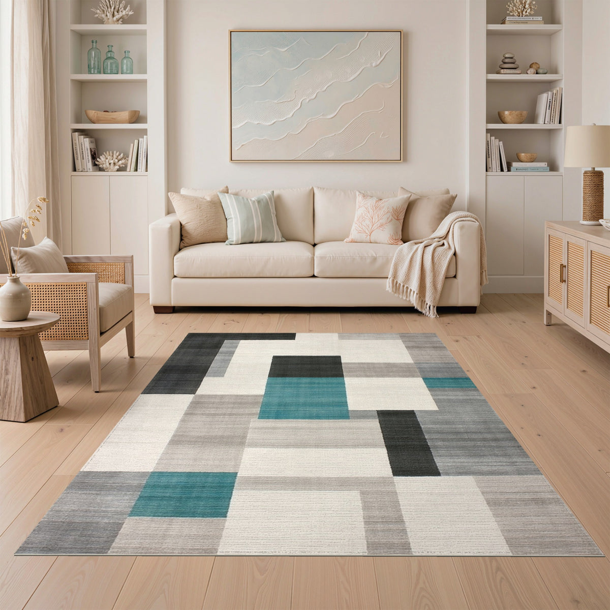 Modern Teal Geometric Area Rug Black Grey