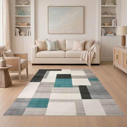 Modern Teal Geometric Area Rug Black Grey